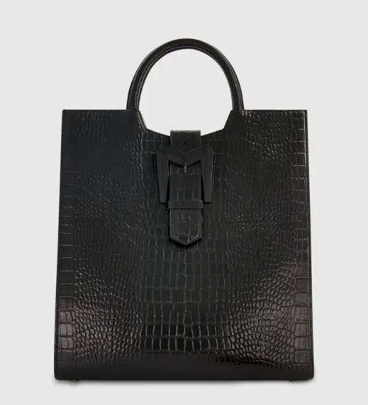 Black Maxi Croc Embossed Leather Tote Bag